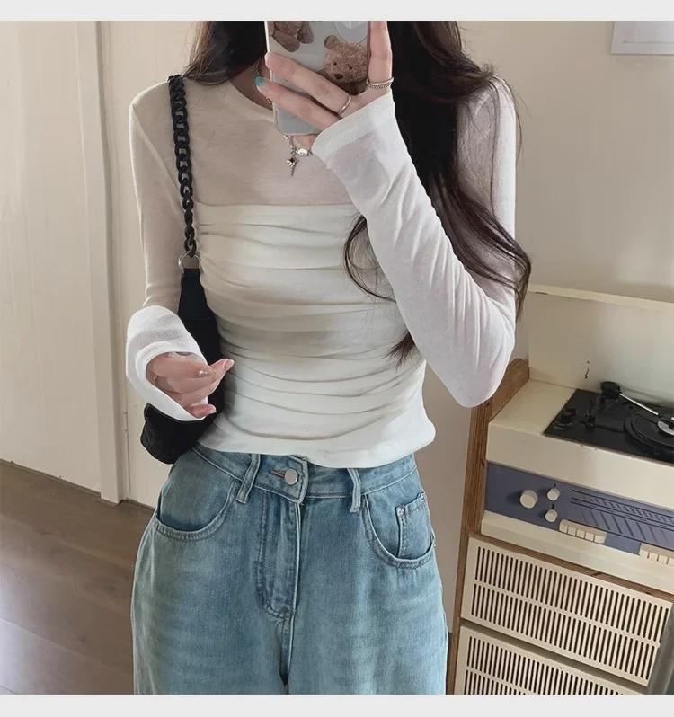 Damen Mesh Plissee Slim-Fit Langarm Oberteil, Frühling/Sommer Trendiges Design