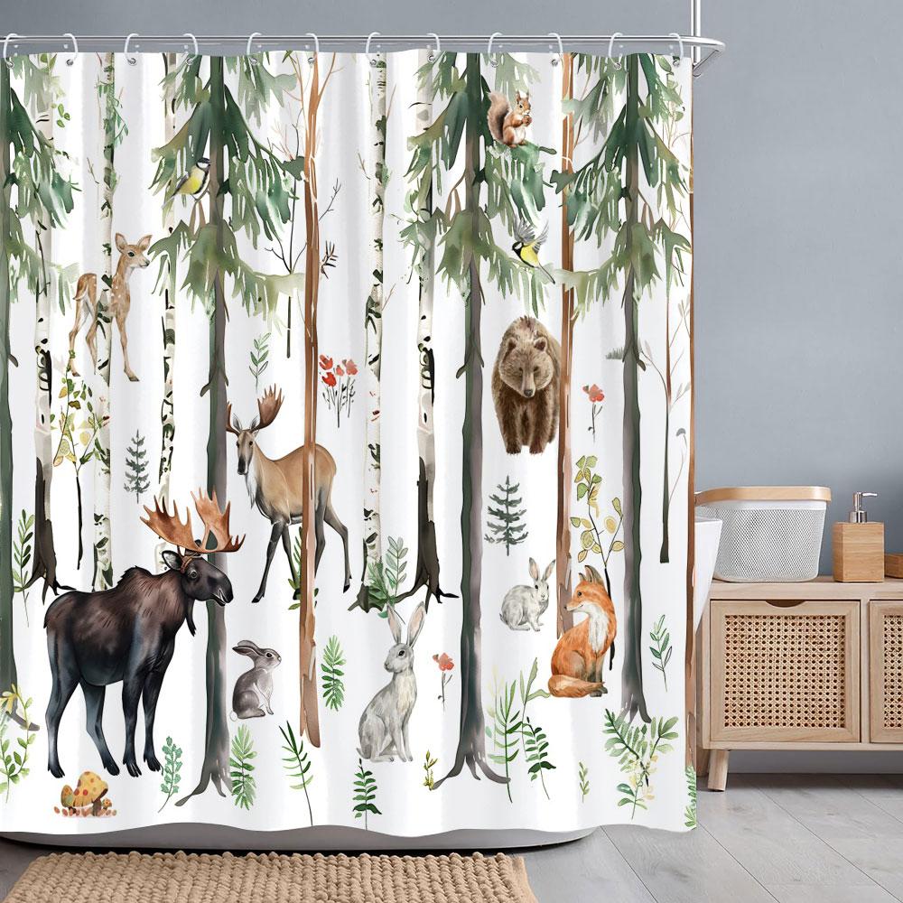 Forest Animals Watercolour Shower Curtain Deer Bear Fox Squirrel Flower Polyester Fabric Bath Curtains Bathroom Decor With Hooks