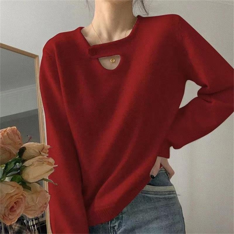 

Gentle wind soft waxy pullover design sense niche long-sleeved inner base spring and autumn new knitted sweater top women one size fits all красный