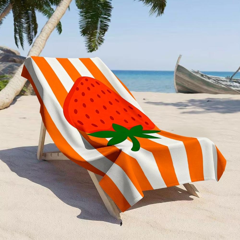 

Vibrant Strawberry Stripe Beach Towel, Red Strawberry on Orange White Stripe Print Bath Towel, Fun Summer Beach Blanket 1pcs W30*H60(CM)
