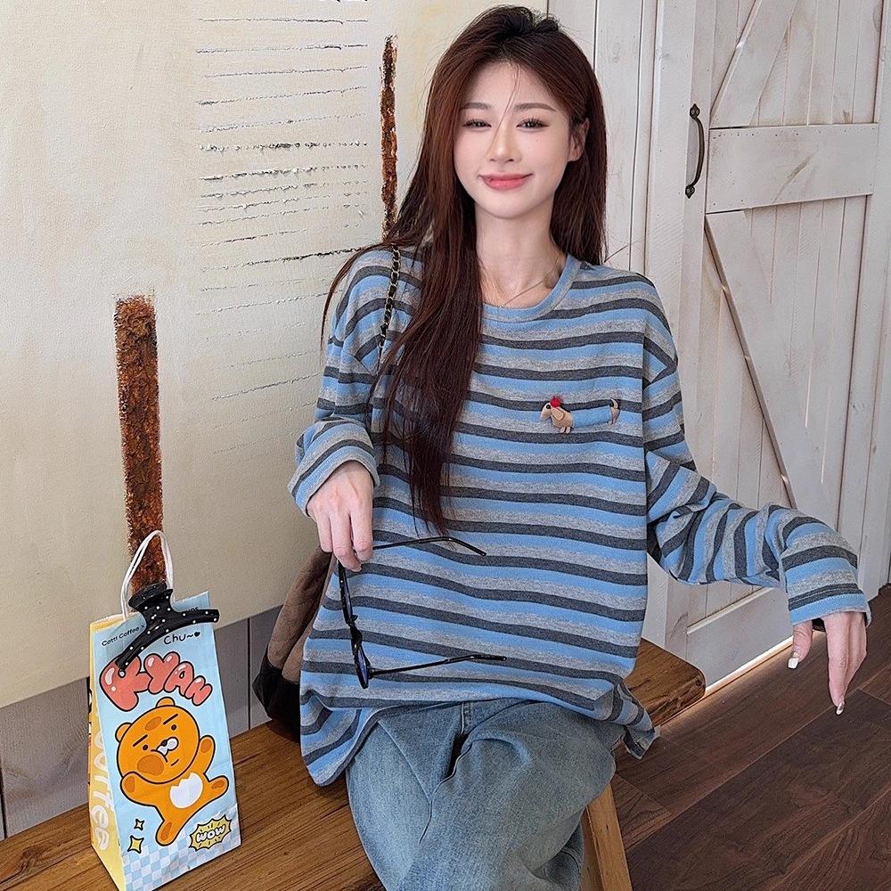 Korean contrasting striped crew neck autumn and winter new long-sleeved T-shirt chic XL синий