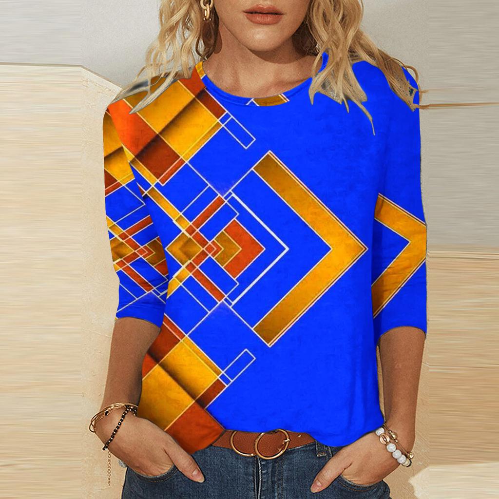 Umělecký geometrický vzor potištěný top Módní kontrastní barva Personalizovaný kulatý výstřih Dámská trička s dlouhým rukávem