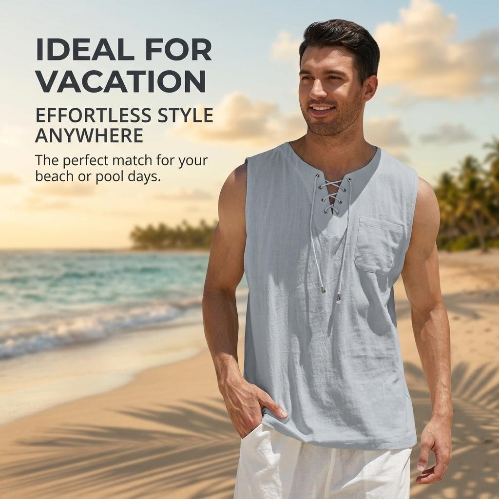 New Men'S Sleeveless Top With Tie-Up Stand-Up Collar Pullover Shirt