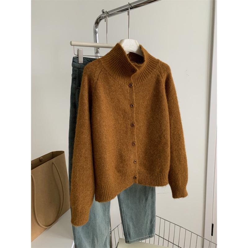 Korean Minimalist Wool High Neck Women's Button-Up Cardigan – Trendy Autumn/Winter Knitwear