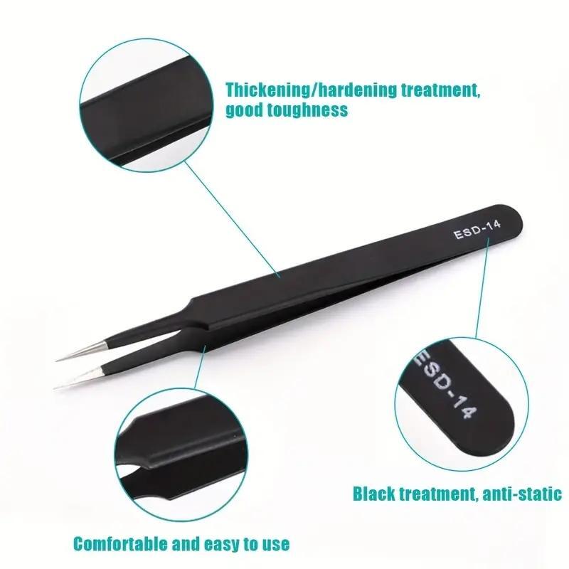 Anti Static Stainless SteelTweezers Repair Tools for Electronics Repair Soldering Craft Black 6pcs Precision Long Tweezers Set