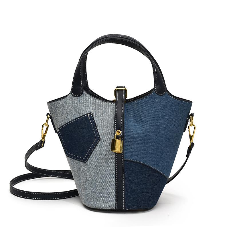 

Retro denim bag women s new fashion splicing bucket bag commuting large capacity shoulder oblique span bag