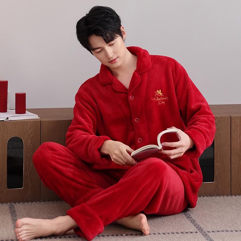 Flannel couple pajamas winter fleece thickened coral fleece men's and women's autumn and winter large size high-end loungewear set