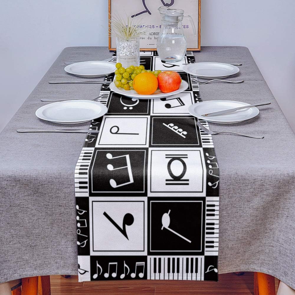 Music Note Black and White Stitching Linen Table Runner Dresser Scarf Farmhouse Kitchen Dining Table Runner Holiday Party Decor