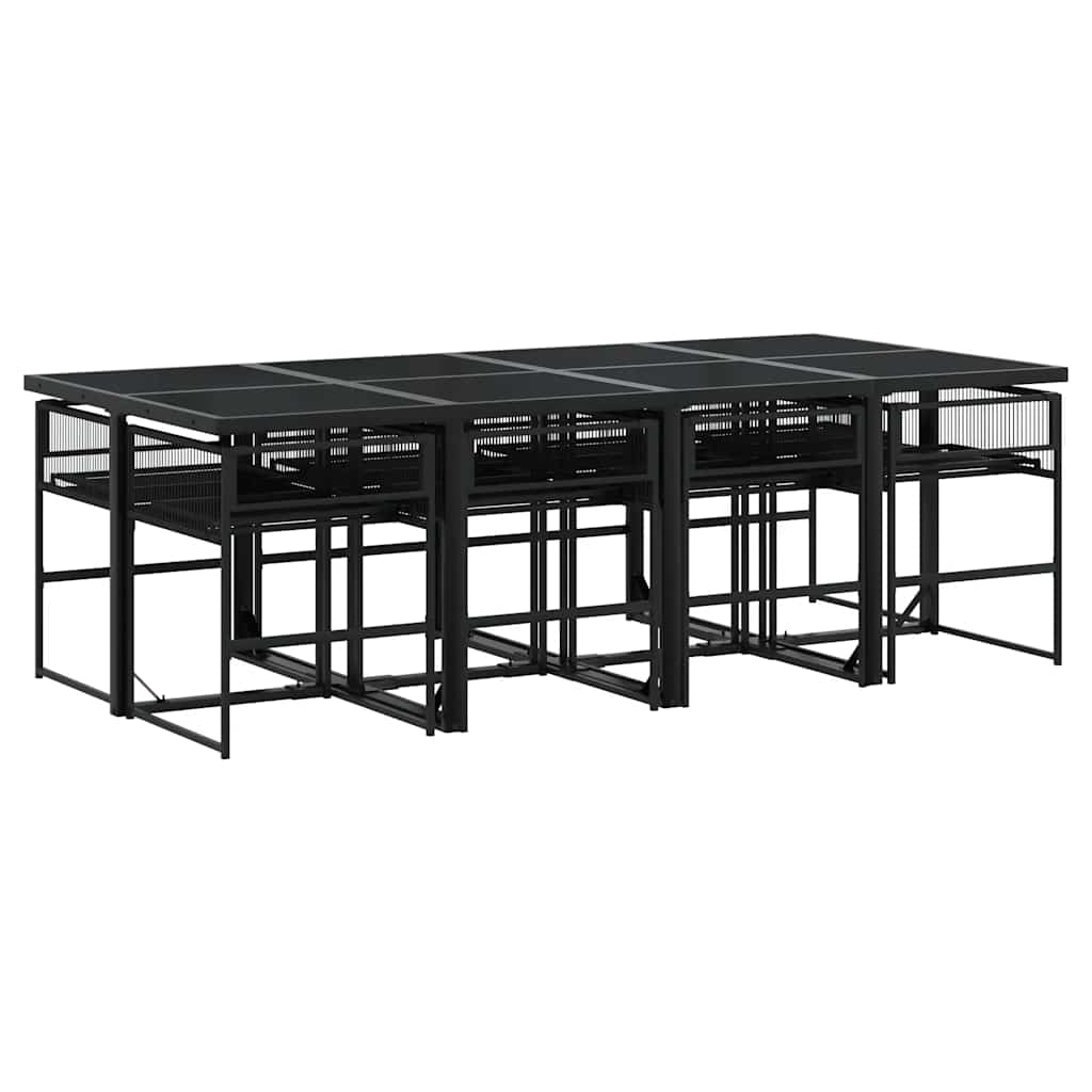 9 Piece Outdoor Dining Set with Cushions Black Poly Rattan