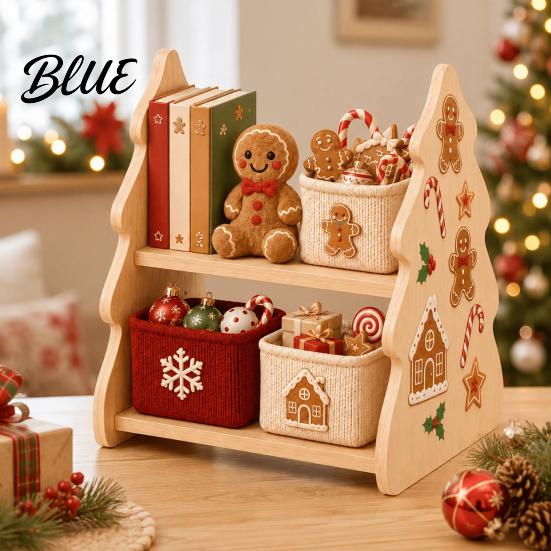 Holiday Home Decoration Christmas Tree Shaped Wooden Storage Shelf 2‑Tier Desktop Display Rack with Table Centerpiece Xmas Stickers Rustic