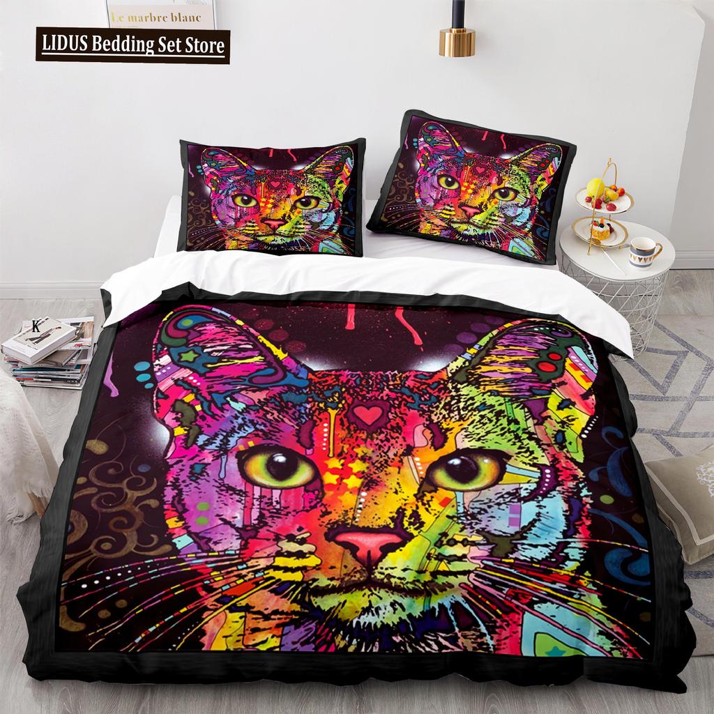 Cat Duvet Cover Set King Size Cute Cats Pattern Bedding Set Decorative Animal Polyester Comforter Cover With Pillowcases For Kid