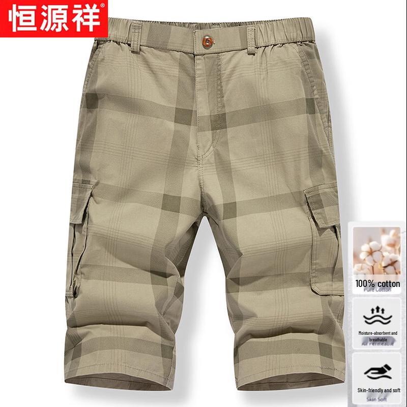 Hengyuanxiang Men s Summer Cotton Multi-Pocket Capri Pants 3XL
