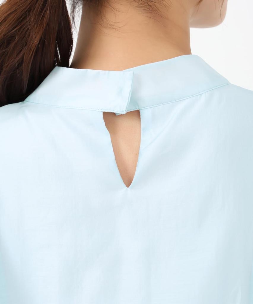 Mishmash Short Sleeve Blouse with Ruffles and Sheer Bow Blue Women's Tie,