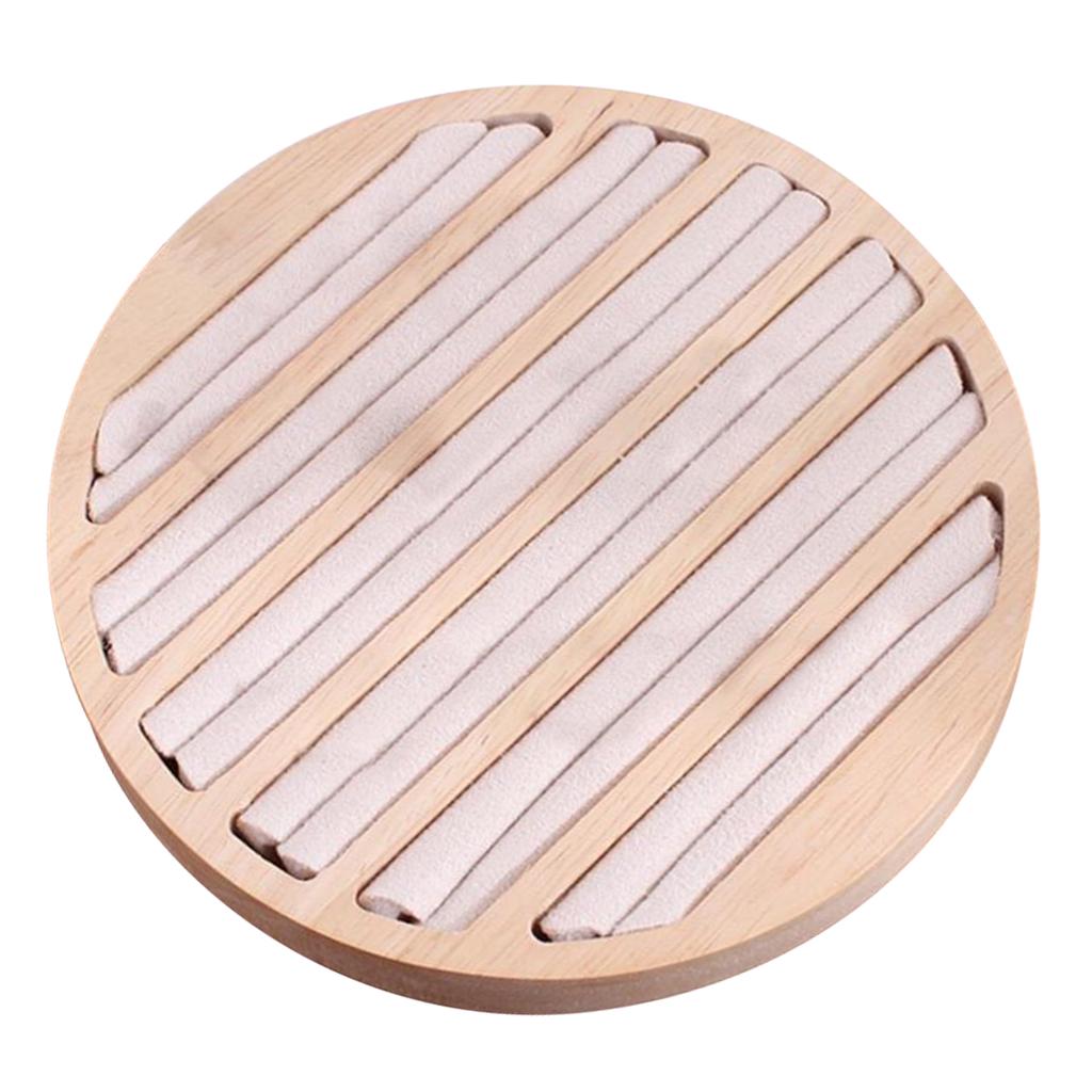 Round Wooden Jewelry Showcase Ring Display Tray Organizer White Leather
