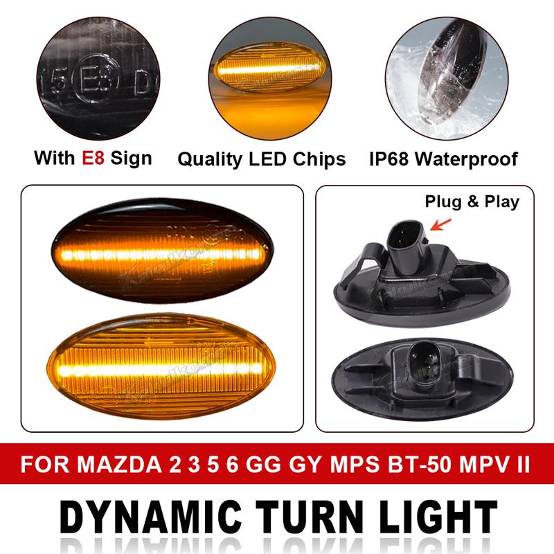 2piece LED Side Indicator Repeater Turn Signal Blinker Lamp For Mazda 2 3 5 6 GG1 GY BT-50 MPV II Smoked Clear Dynamic Lights