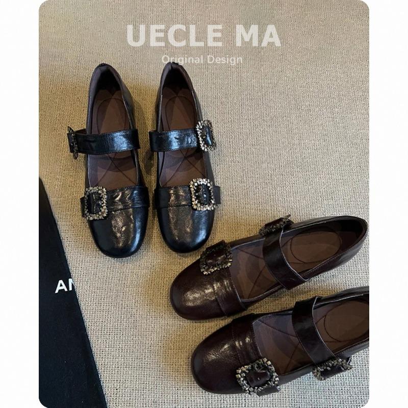 Leather single shoes women's flat commuter ballet shoes gentle evening shoes with skirt one-word buckle Mary Jane shoes