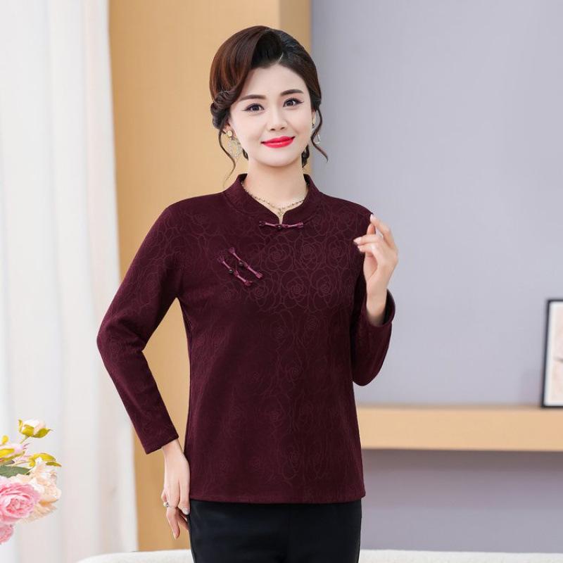 Mid-aged & Elderly Women's Velvet Qipao Top - Warm Winter Layer with Stylish Frog Buttons, Age-Defying Stand Collar