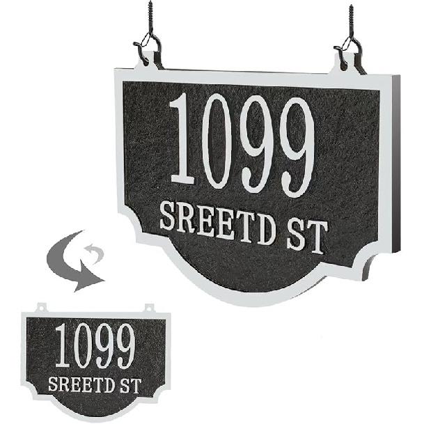 Hanging Address Plaque - House Number Sign for Outside, Mailbox, Lamp or Light Post, Yard Metal With Two Hooks - 9.8 x 6.8 Inch