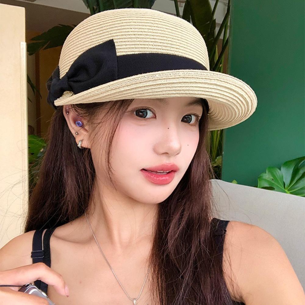 

French Woven Straw Cap Summer Equestrian Hat Retro Bow Straw Cap Women чёрный