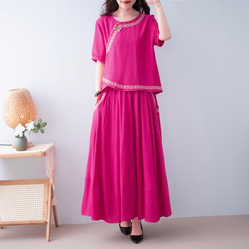 Fashionable Ethnic Midi Skirt Two-Piece Set for Women (2025 Summer)