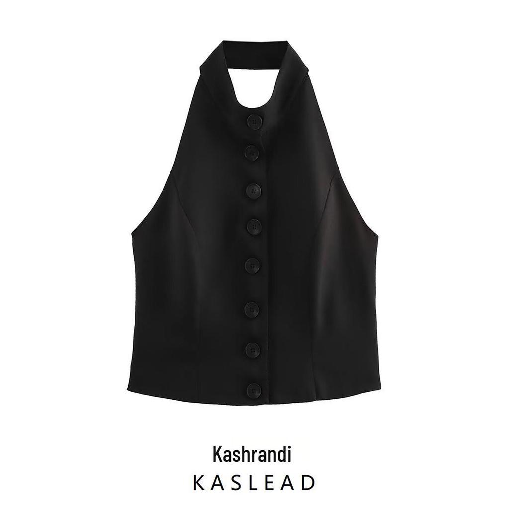Spring 2025 Women's Double-Breasted Halter Neck Vest - European & American Style Fashion