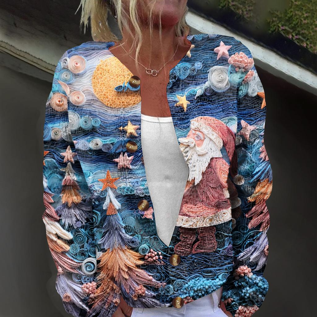 Women's Fashion Christmas Printed Long Sleeve Knitted Cardigan Button Down Jacket