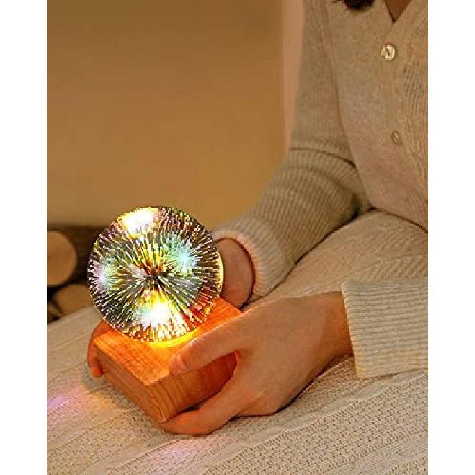 LED Firework 3D Star Effect Colorful Night Light USB Projector Lamp Magic Crystal Glass Ball Night Light with Wood Base Decorative Lamp for Gifts &