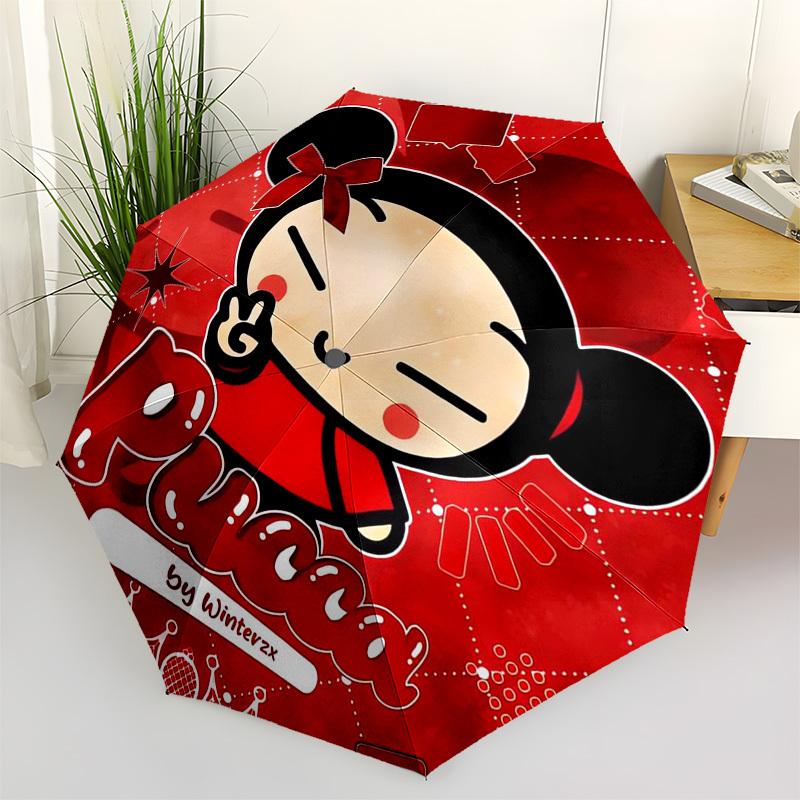 Pucca Themed Automatic Opening and Closing Umbrella, Compact Travel Umbrella, Lightweight and Portable, Suitable for Beach Commuting Busines