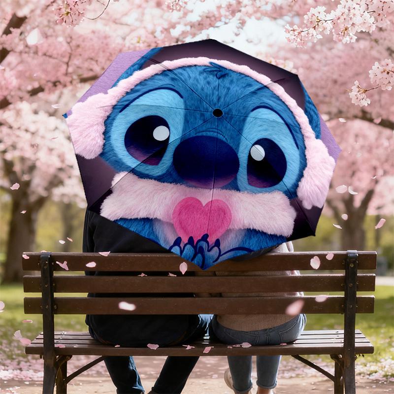 1pc Stitch Heart Automatic Folding Umbrella, Heavy Duty 8 Rib Iron Frame,  Suitable for Travel, Daily Use, Birthday, Decor Gift M0104051