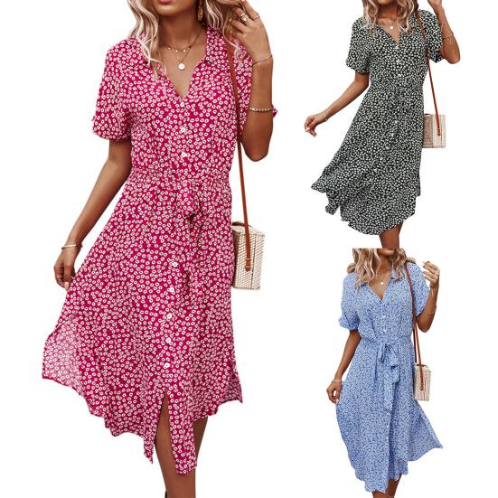 Women Dress Floral Print Breathable Cotton Blend Sexy V-Neck Midi Dress for Beach