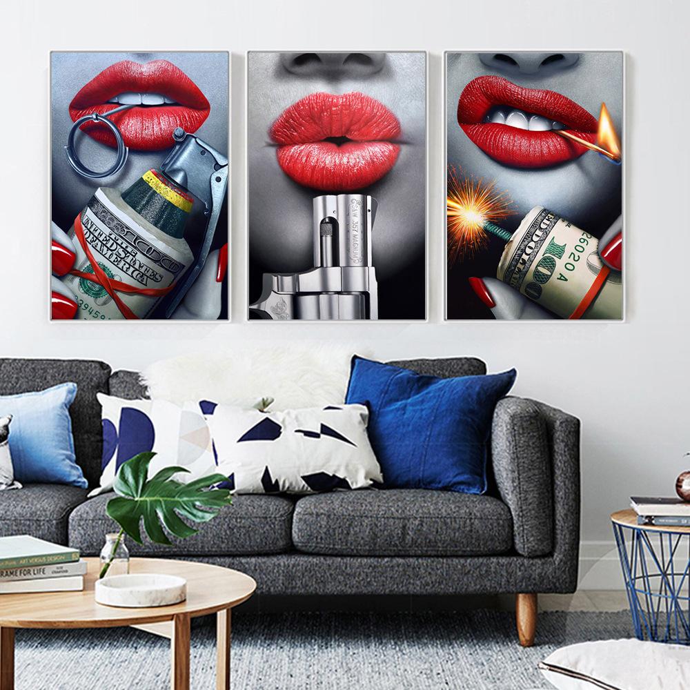 Hot Sexy Girl's Poster Red Lips Dollar Fireworks Dangerous Money Art Painting Poster Prints Decorative Painting Wall Art Canvas