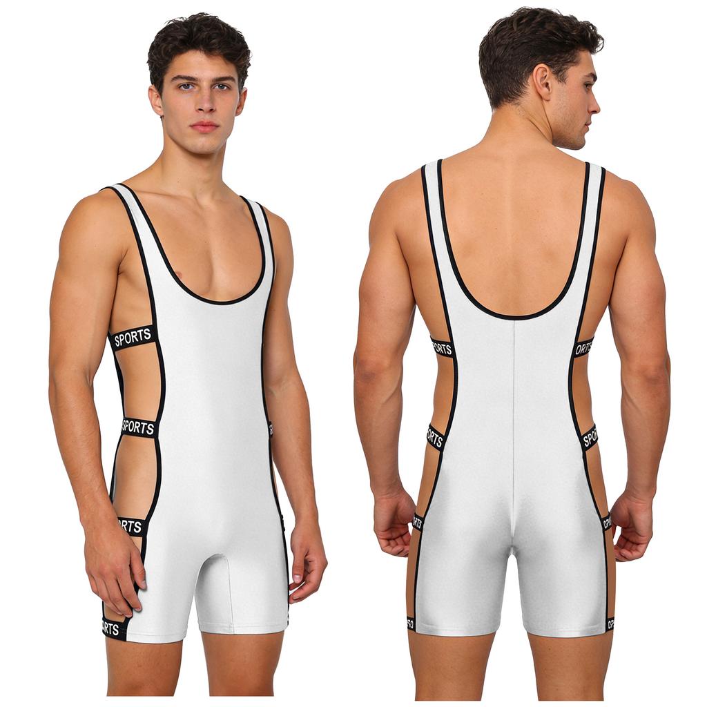 Men‘s Shiny One Piece Swim Bodysuit S-3XL Low Cut Neck Strappy Side Open Elastic Waistband Boxer Bottom for Bodybuilding Pool Training
