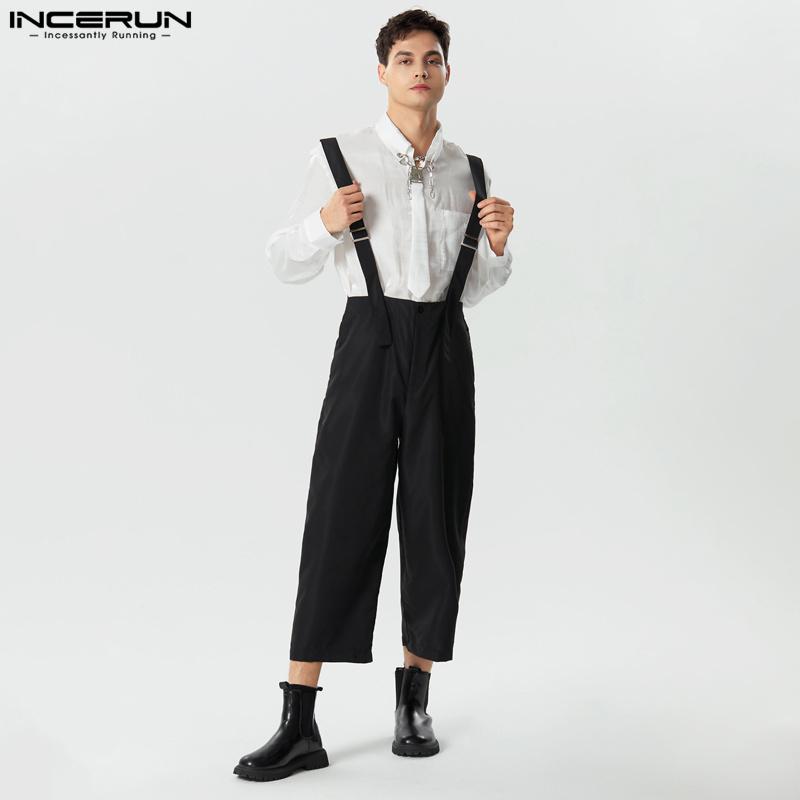 INCERUN Salopette da uomo con bretelle a vita alta larghe primaverili a gamba larga