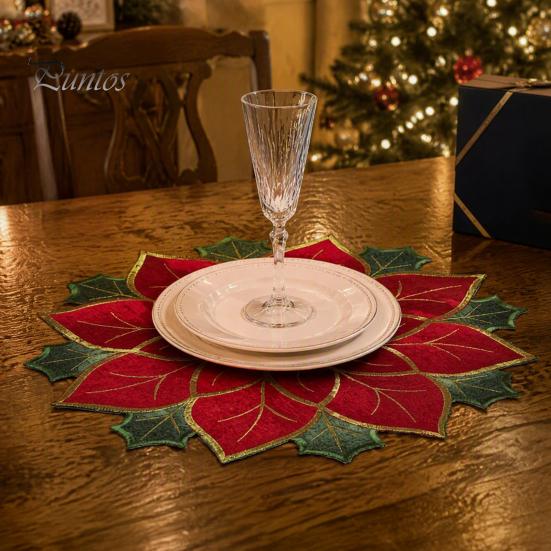 Christmas Table Placemats for Dining Floral Leaf Placemat Table, Decorative Polyester Fabric Round Mats Home with Festive Leaves Design Party