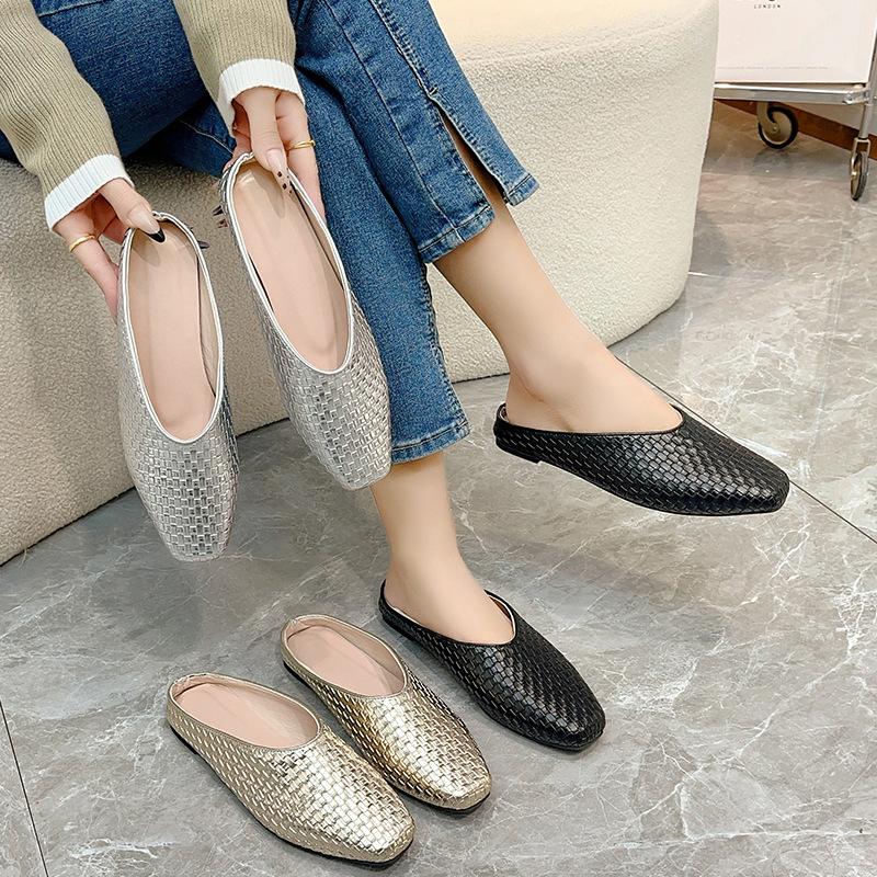 Fashion Women Slippers Weave Style Loafers Soft Leather Flats for Woman Mules Non-Slip Spring Summer Ladies Flat Shoes Plus Size 42