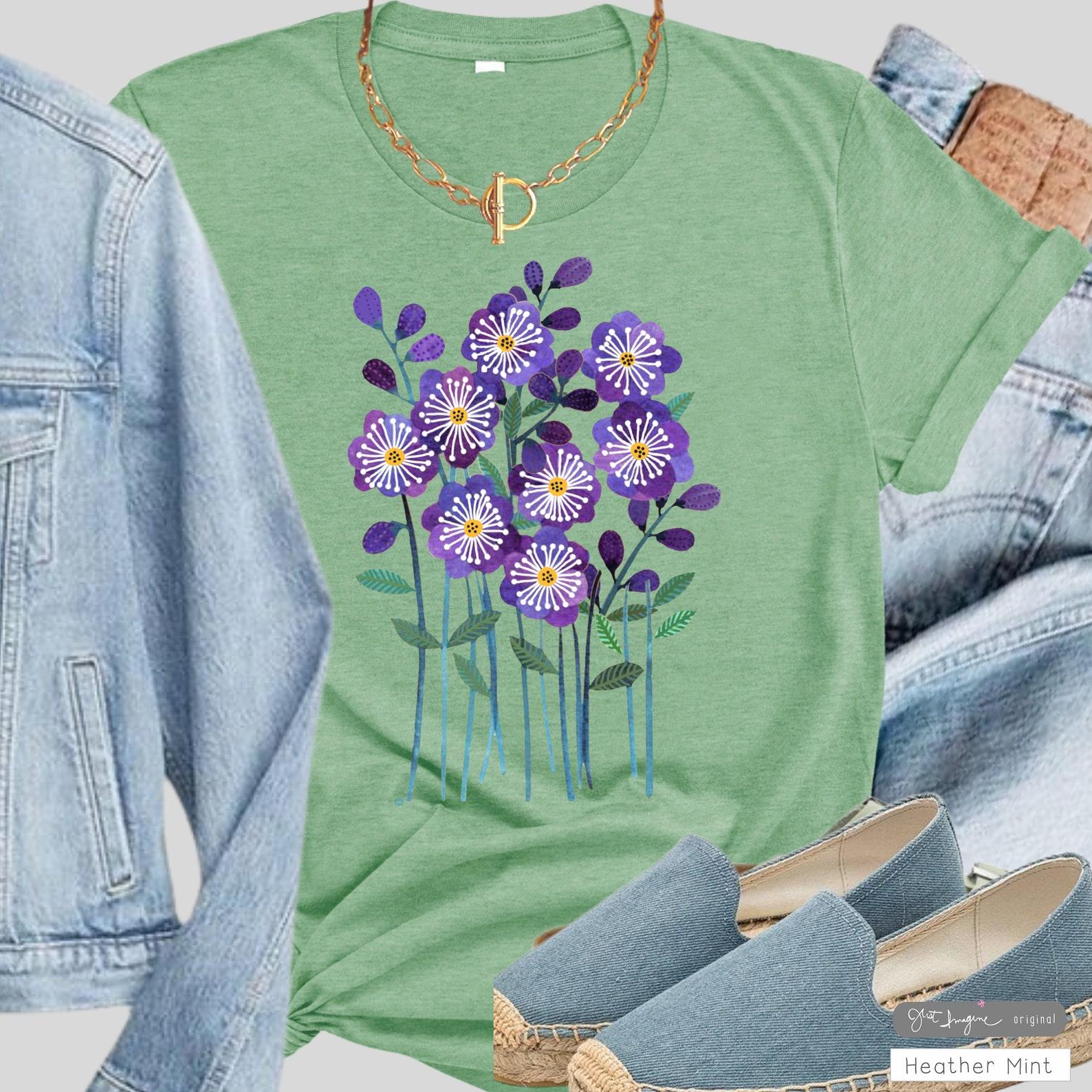 Purple Flower T-Shirt: Botanical Boho Tee 2XL