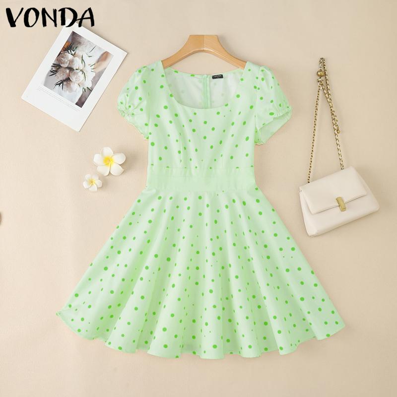 VONDA Women Square Collar Puff Sleeve Polka Dots Casual Pleated Dress