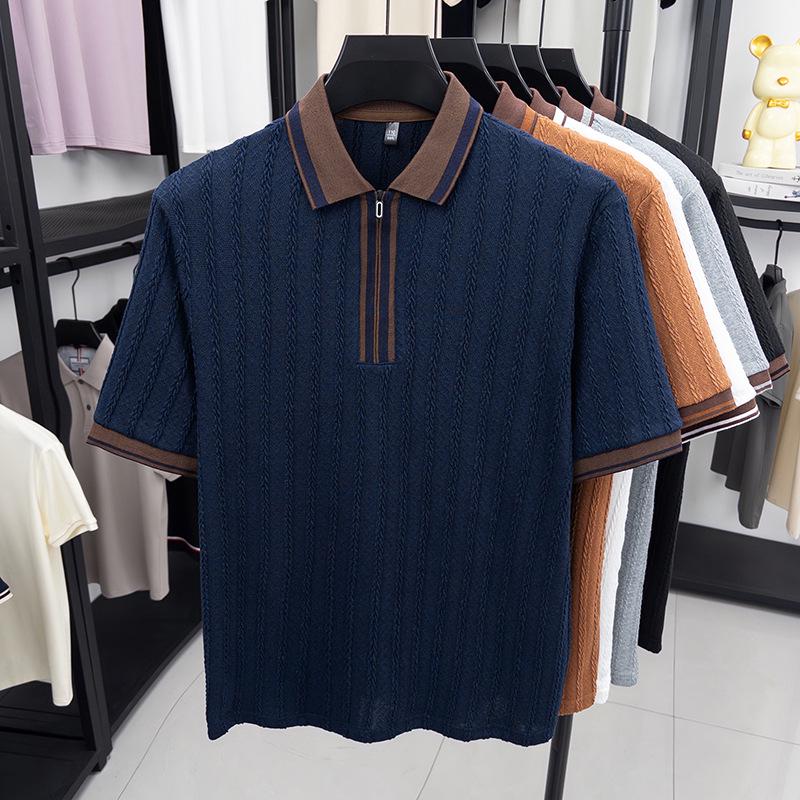 Men's Hipster Striped Knit Shirt - Short-Sleeve Lapel T-Shirt Top