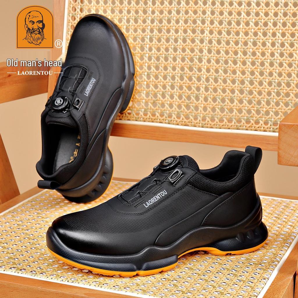Laorentou Men's Genuine Leather Slip-On Running Shoes with Breathable Mesh and Rotating Buckle.