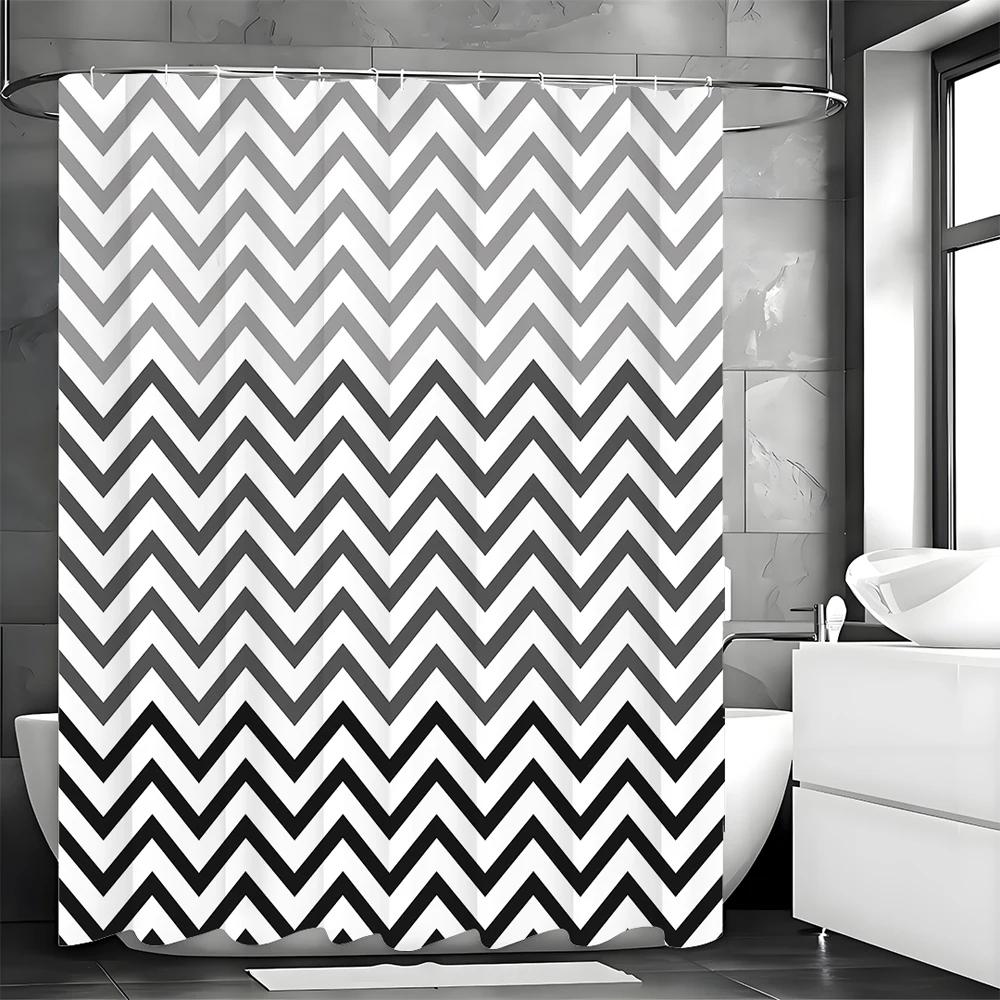 Black Gradient Wave Line Geometric Modern Minimalist Shower Curtain, Bathroom Decorative Shower Curtain, Waterproof Shower Curta