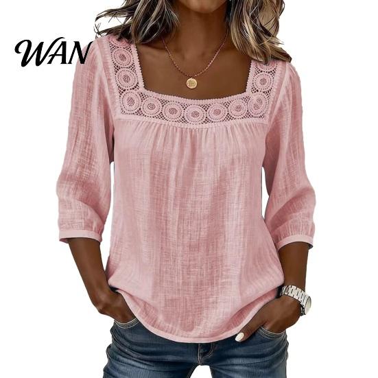 Skin-friendly Fabric Shirt Women Square Collar 3/4 Sleeve Pure Color Casual Loose Fit Tops Blouse Lace Splicing Summer Breathable