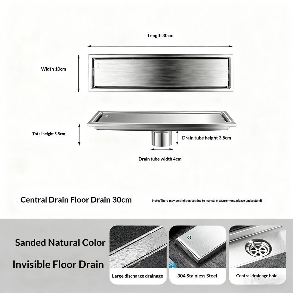 304 Stainless Steel Invisible Floor Drain Rectangular Shower Drain High Flow Hidden Grate Bathroom Drainage System
