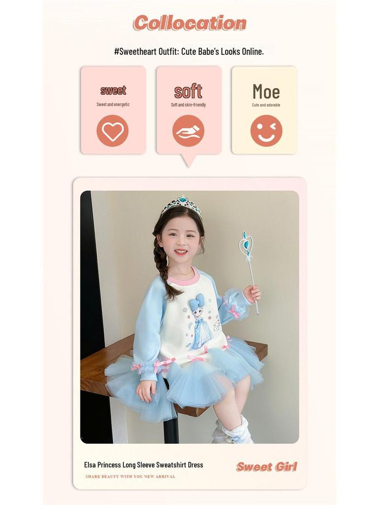 Autumn 2025 Girls' Cartoon Sweatshirt Mesh Dress with Bowknot - Sweet Baby Princess Dress
