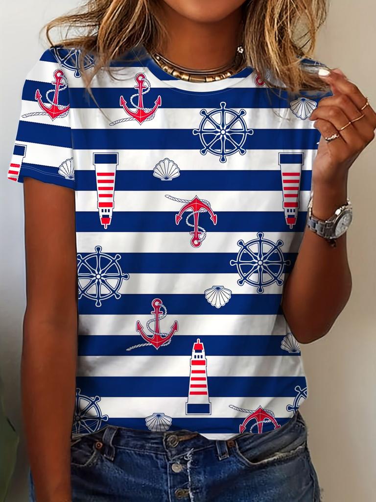 Summer Anchor Stripe 3D Print T-Shirts Women Casual Short Sleeve Round Neck T Shirt Harajuku Y2K Tees Top Female Street Clothing