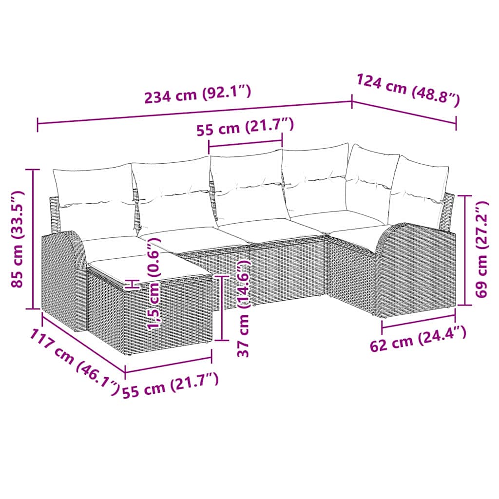 6 Piece Sofa Set with Cushions and Storage Black Poly Rattan