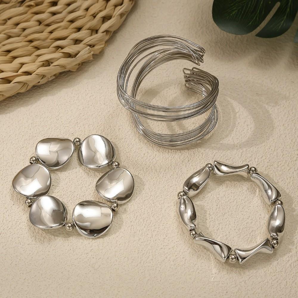 3 Pcs/Set Exaggerated Geometric Bangle Metal Women's Hand Bracelet Delicate Bracelet Set  Women