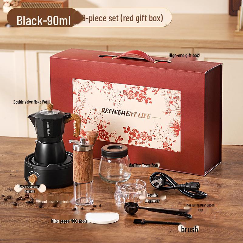 Dvojventilový elektrický moka konvička a ruční mlýnek Dárková sada