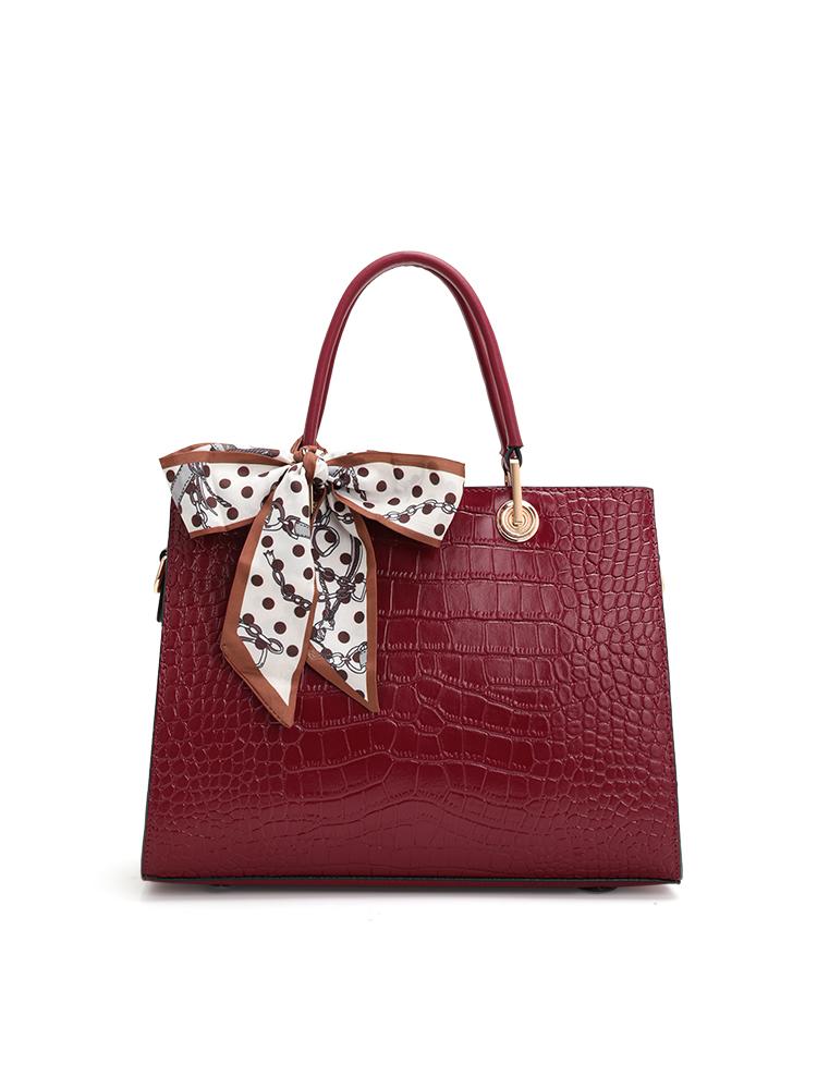 Genuine cowhide leather women's handbag with silk scarf, Chinese style crocodile pattern tote shoulder bag