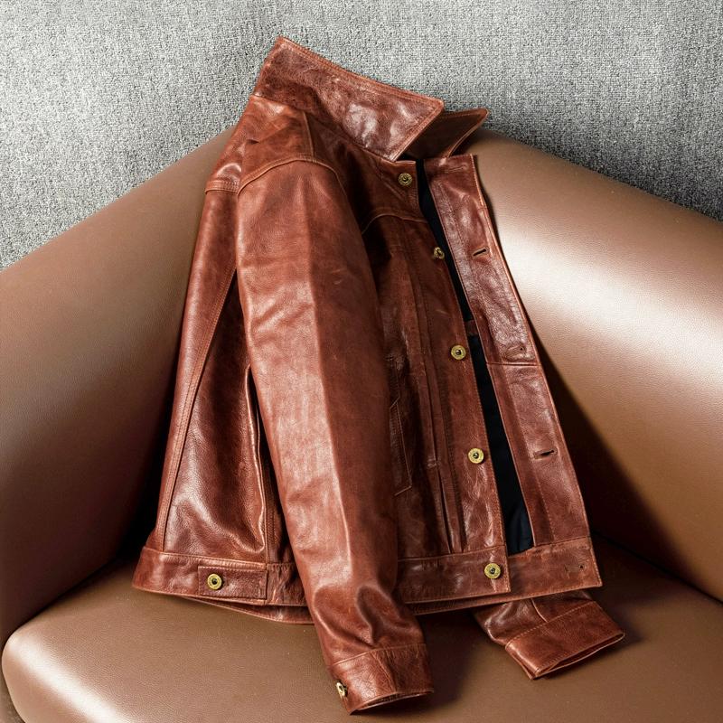 Oil Wax Head Layer Cowhide Leather Genuine Leather Jacket for Men's Youth Denim Suit Lapel Slim Autumn and Winter Jacket