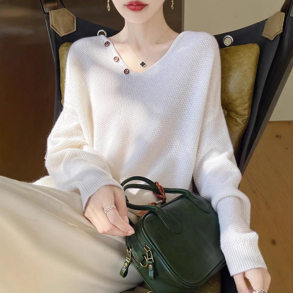 Women's V-Neck Cable Knit 100% Wool Sweater - Autumn/Winter, Solid Color, Loose Fit, Long Sleeve, Cozy Cashmere Layer